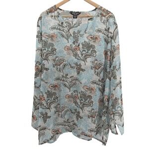 Zero Zero Sheer‎ Floral Tunic Top Plus Sz 3X Metallic Stripe Overlay Light Blue